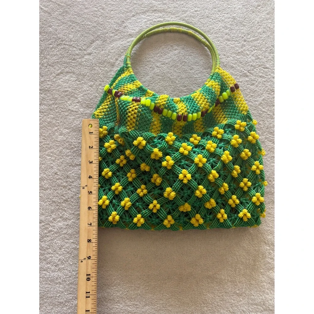 Handmade‎ Macrame Beaded Tote Bag Unique Design Green Yellow - Picture 4 of 6